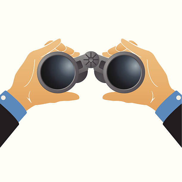 Vector illustration with binoculars in human hands isolated on white Vector illustration with binoculars in human hands isolated on white looking through window stock illustrations
