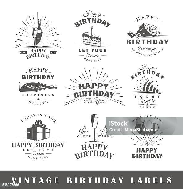 Set Of Vintage Birthday Labels Stock Illustration - Download Image Now - Birthday, Retro Style, Birthday Card