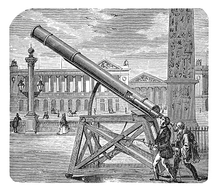 19-th century illustration of an astronomy telescope. Published in 