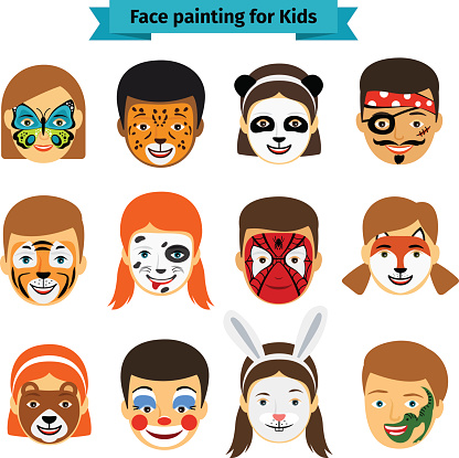 Face painting icons. Kids faces with animals and heroes painting. Vector illustration