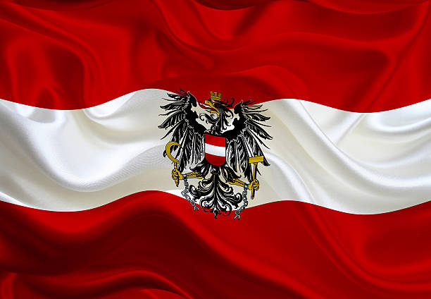 bandiera dell'austria con l'emblema - austrian flag foto e immagini stock