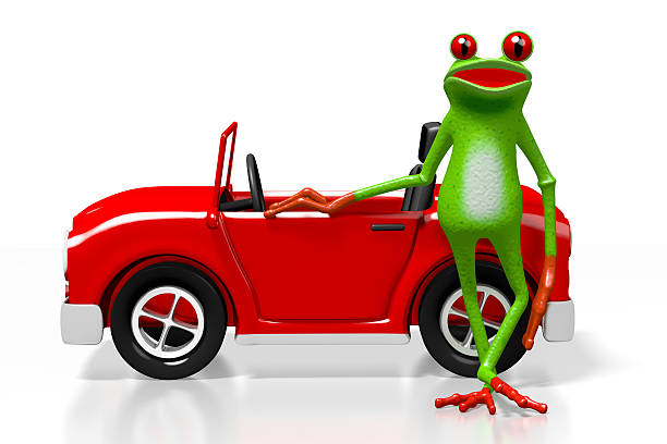 3D red car and cartoon frog - great for topics like car insurance, driving, transportation, driving lesson etc.