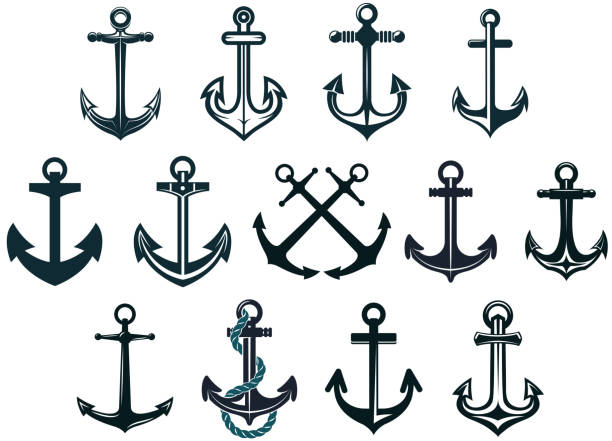 Vintage marine anchors Antique and vintage marine anchors set isolated on white for marine and heraldry design anchor chain stock illustrations
