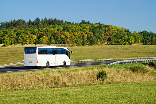 White bus on the road in the countryside, fall colors