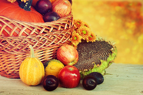 istock Autumn nature concept. Fruit and vegetables on wood. 516444065