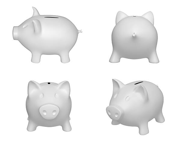 istock White piggy banks  in four positions 516445144