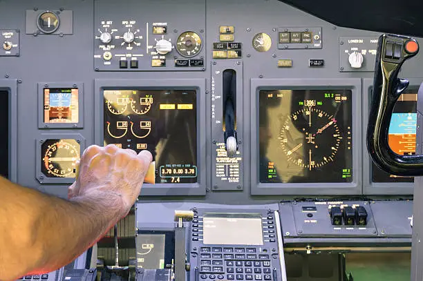 Photo of Captain hand accelerating on the throttle in commercial airliner