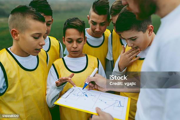 Coach Giving Instruction To His Kids Soccer Team Stock Photo - Download Image Now - Soccer, Coach, Instructions