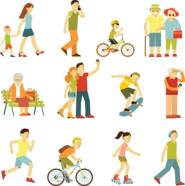 ilustrações de stock, clip art, desenhos animados e ícones de pessoas em exercício físico ao ar livre - senior adult action cycling senior couple