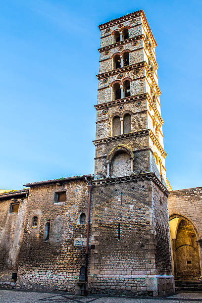 the Cathedral of Santa Maria Assunta in Sermoneta The Belltower of the Cathedral of Santa Maria Assunta, in the historical center of Sermoneta; near Latina, Italy sermoneta stock pictures, royalty-free photos & images