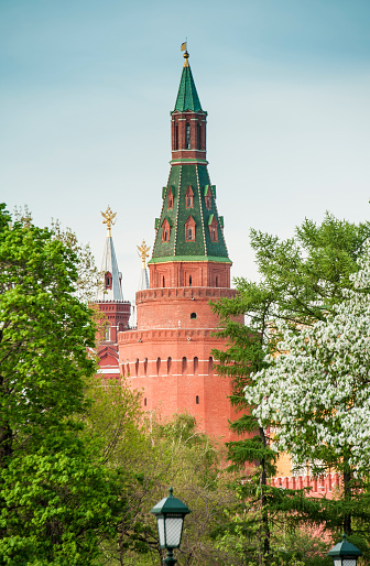 Detail of the corner tower of the Kremlin wall in Moscow in spring.