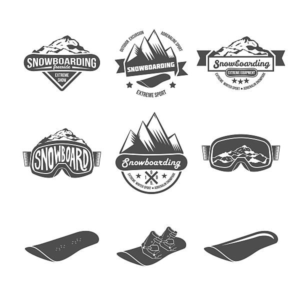 Set of snowboarding badges Set of Snowboarding logos and labels templates. Winter sports. Logo snowboard in the mountains. Retro logo design. Old school sport logo. Monochrome badges. ski goggles stock illustrations