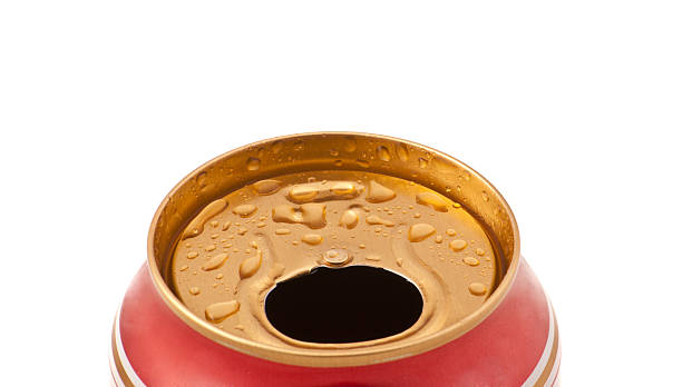 istock Red aluminum can closeup with water drops 516461783