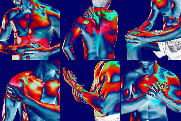 collage con dolore presso diverse parte del corpo - shirtless male men people foto e immagini stock