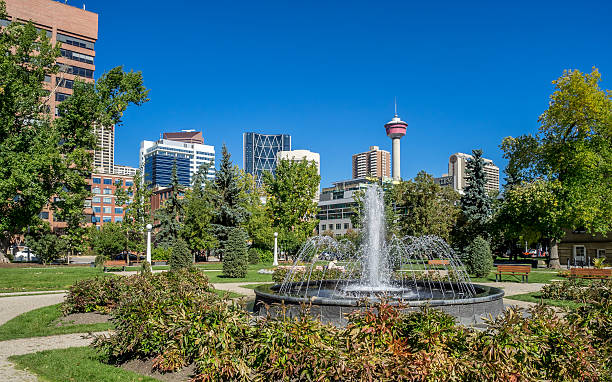 parco urbano a calgary - fountain landscaped ornamental garden flower bed foto e immagini stock