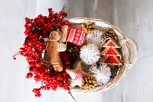 Photo of basket with christmas decorations
