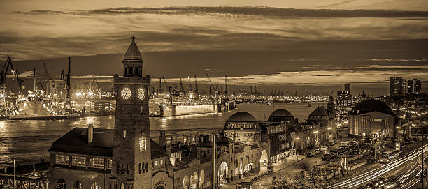 Scenery of hamburg harbor in black & white antique.