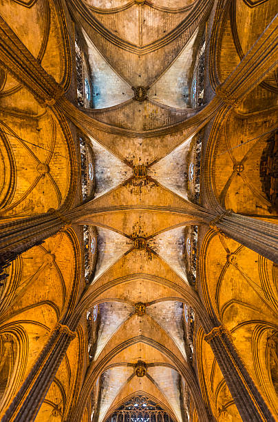 escaldantes arcos e esguios nas zonas certas colunas de barcelon telhado da catedral espanha - fan vaulting imagens e fotografias de stock