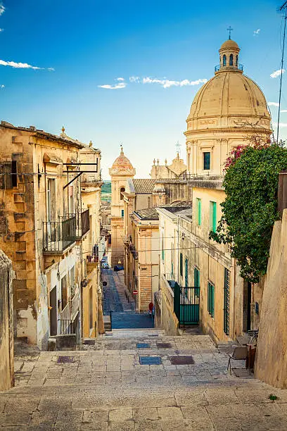 the street leading down at the famous town of Sicily - Noto, the capital of baroque style