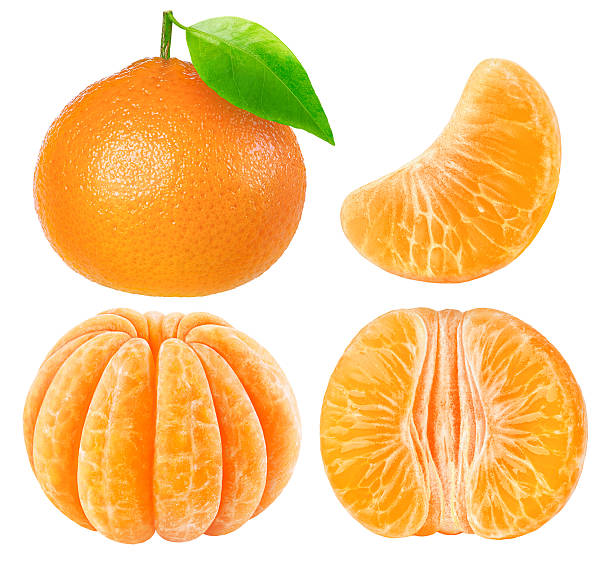 Collection of tangerine pieces isolated on white with clipping path See my other fruits: peeled stock pictures, royalty-free photos & images