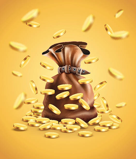 Gold coins falling down and full sack Gold coins falling down and full sack vector illustration. Gradient mesh used. Transparent objects used for lights shadows drawing bag of coins stock illustrations