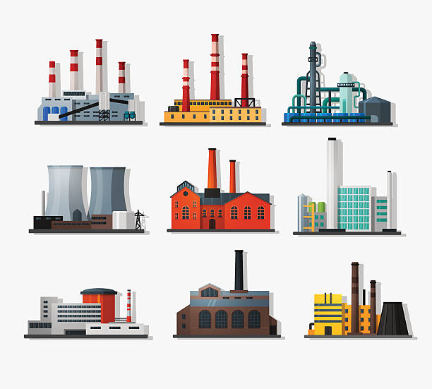 Power plants Power plant icons in flat style and long shadow. Nuclear power plant and chemical plant, old factory and modern plant.   Detailed flat style. refinery stock illustrations