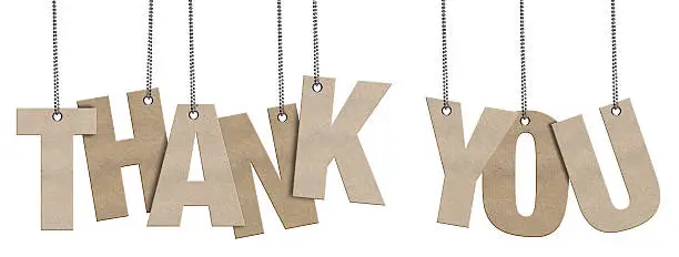 Photo of THANK YOU Hanging Cardboard word (Clipping Path)