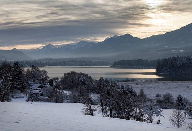 Panoramic view of Bajer Lake in winter time, Fuzine, Gorski kotar, Croatia