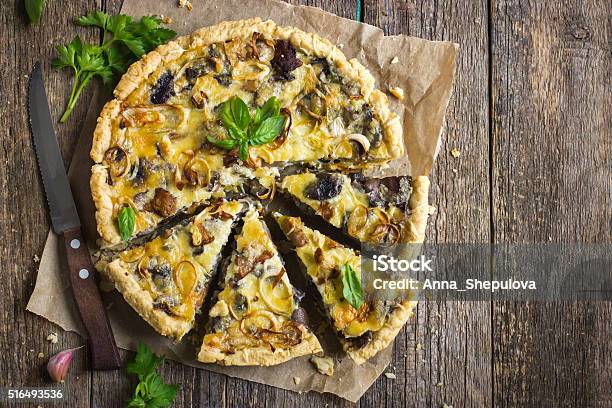 Tart With Mushrooms Leek And Cheese Stock Photo - Download Image Now - Quiche, Sweet Pie, Edible Mushroom