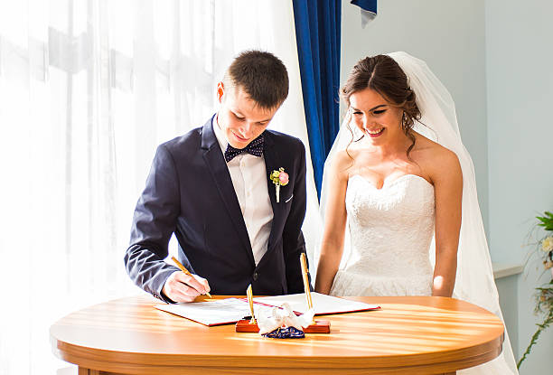istock Wedding couple leaving their signatures 516494024