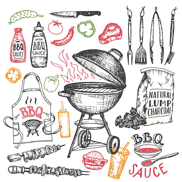 Barbecue hand drawn elements set in sketch style isolated on white background. Tools and foods for bbq party