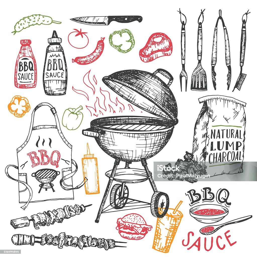 Barbecue hand drawn elements set isolated on white Barbecue hand drawn elements set in sketch style isolated on white background. Tools and foods for bbq party Barbecue Grill stock vector