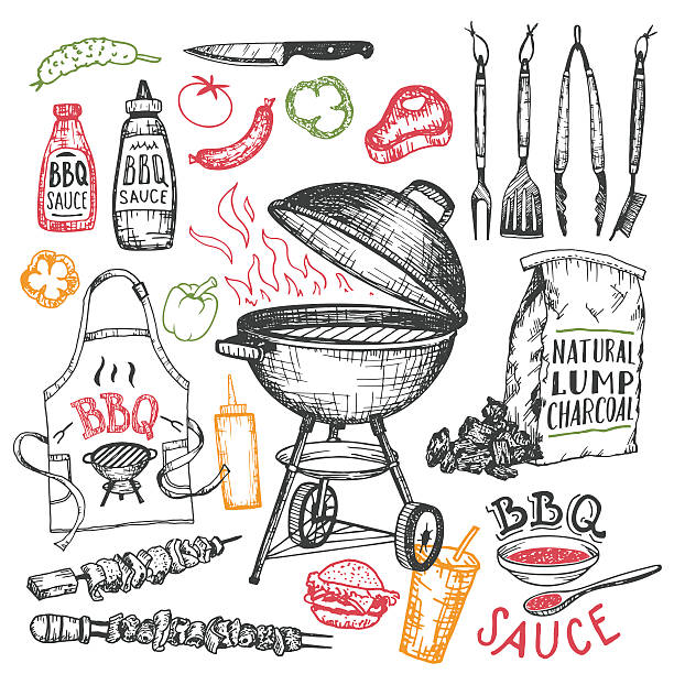 Barbecue hand drawn elements set isolated on white Barbecue hand drawn elements set in sketch style isolated on white background. Tools and foods for bbq party bbq stock illustrations