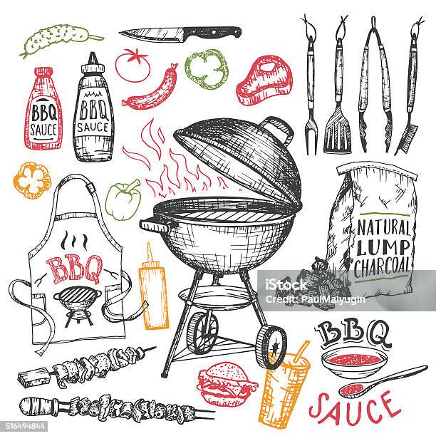 Barbecue Hand Drawn Elements Set Isolated On White Stock Illustration - Download Image Now - Barbecue Grill, Barbecue - Meal, Drawing - Activity