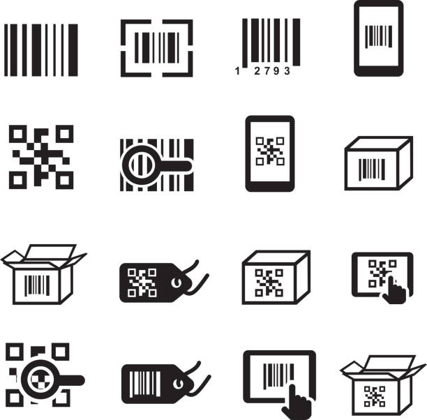 qr code symbole set-bar. scannen code, aufkleber ausweis vorlegen. - bar code stock-grafiken, -clipart, -cartoons und -symbole