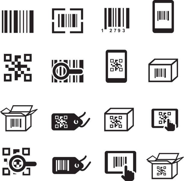 illustrations, cliparts, dessins animés et icônes de bar code qr icônes définies. scan code, autocollant une pièce d " identité. - qr code marketing mobile phone coding