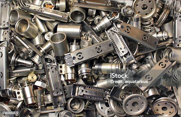 Scattered Parts Of Old Disassembled Hard Drives Stock Photo - Download Image Now - Ball Bearing, Scrap Metal, Bizarre