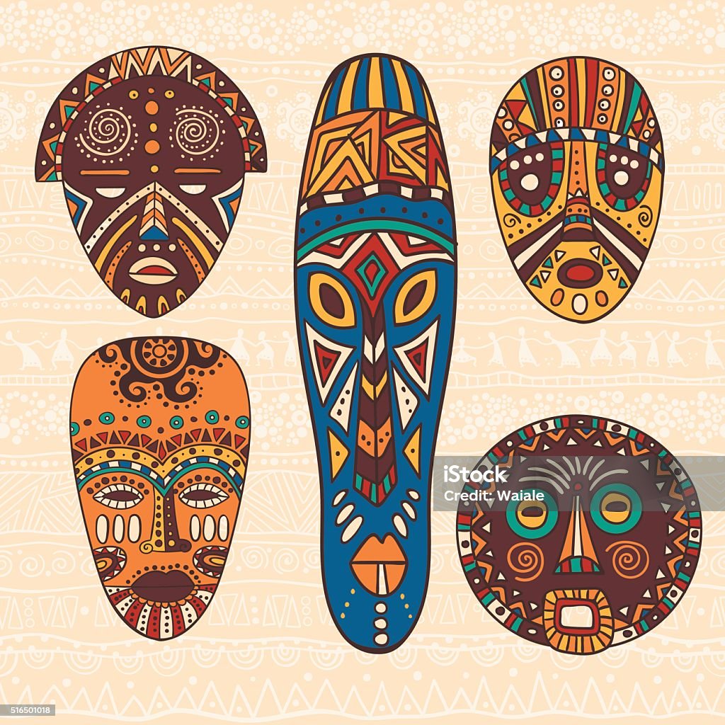 Set of five African masks The bright decorative illustration with African patterns. Can be used in fabric design for making of clothes, accessories, creating decorative paper, wrapping, envelope, in web design Textile stock vector