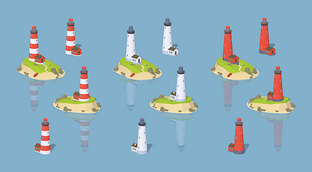 ilustraciones, imágenes clip art, dibujos animados e iconos de stock de horizontal los faros - isometric sea coastline beach