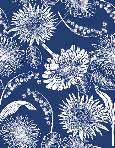 Seamless Botanical Floral Pattern Daisies and lily of The Valley