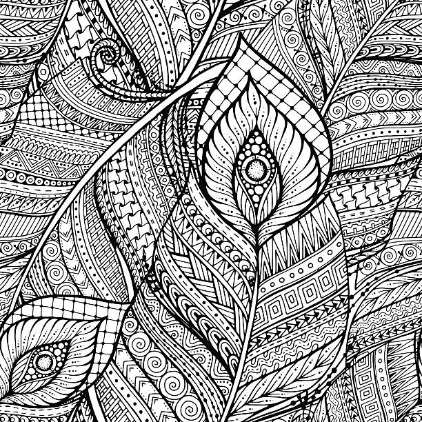 bezszwowe etniczne bazgroły czarne i białe tło wzór z piórami. - asian ethnicity pattern textile seamless stock illustrations