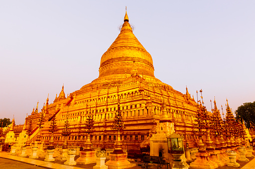 Golden pagoda in Bagan during morning twilight, Myanmar.