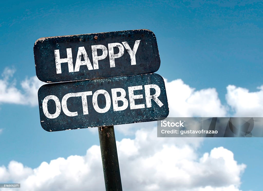 Happy October sign with clouds and sky background 2014 Stock Photo