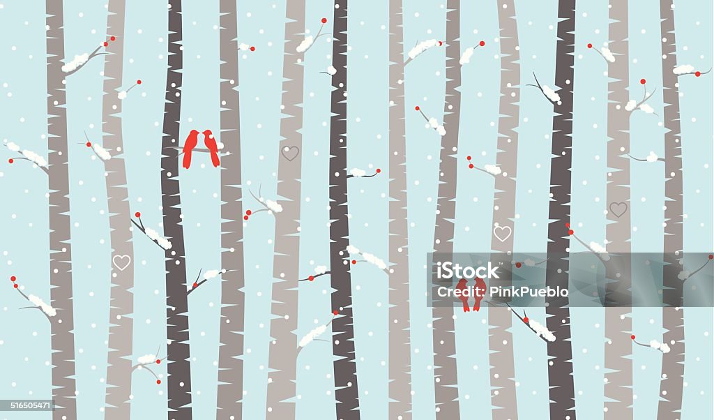 Vecteur de bouleaux ou'arbres d'Aspen, avec la neige et les oiseaux d'amour - clipart vectoriel de Hiver libre de droits