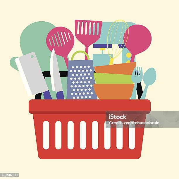 Utensil In Shopping Basket Vector Illustration Stock Illustration - Download Image Now - Abstract, Basket, Colander