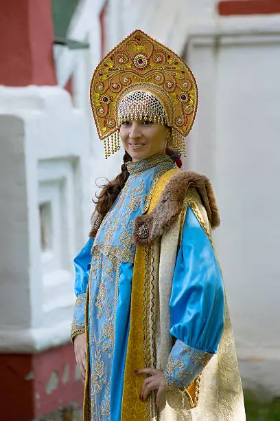 young woman posing in a historical costume noblemen in the mid-17th century Russia