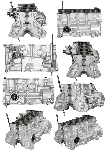 Cylinder block of a gasoline engine on white background with work paths
