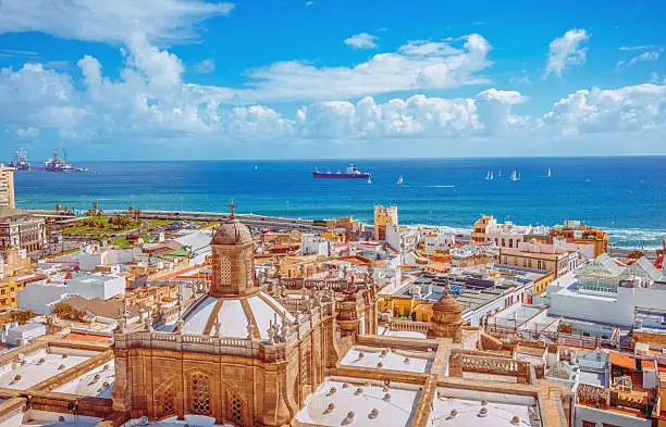 Aerial view over the old town and waterfront of Las Palmas de Gran Canaria.