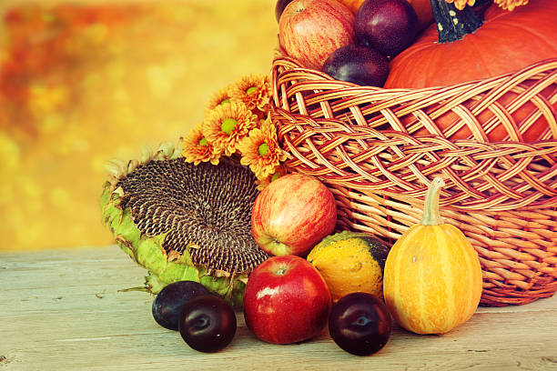 istock Autumn nature concept. Fruit and vegetables on wood. 516511653