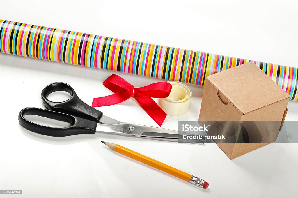 Wrapping Paper With Scissors And Gift Stock Photo - Download Image